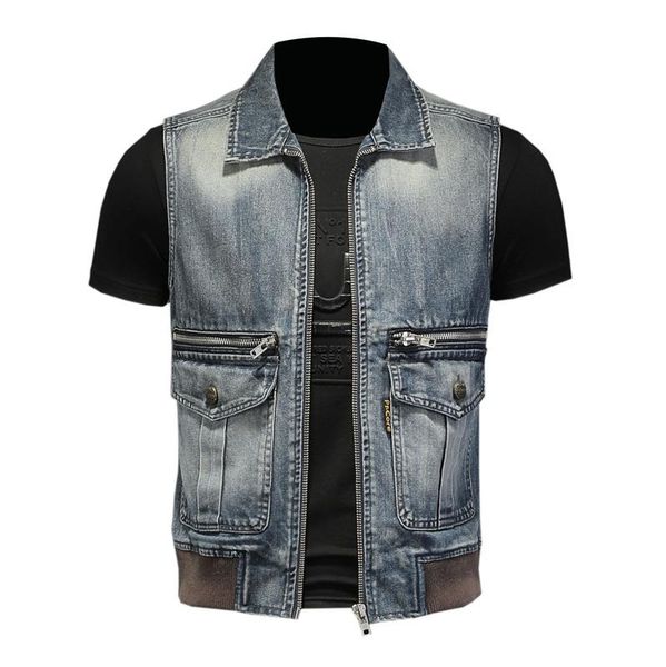 

men's vests autumn retro big pocket zipper denim vest men trendy waistcoat turn-down collar cotton soft sleeveless jacket streetwear, Black;white