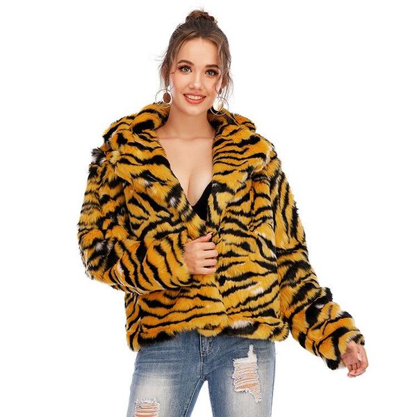 

women's fur & faux trodeam storefashion loepard print imitation short autumn and winter trendy coat with turn down collar women jacket, Black