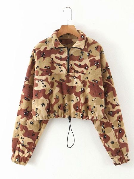 

spring western camouflage zip detail loose casual cotton hoodie /40 women's hoodies & sweatshirts, Black