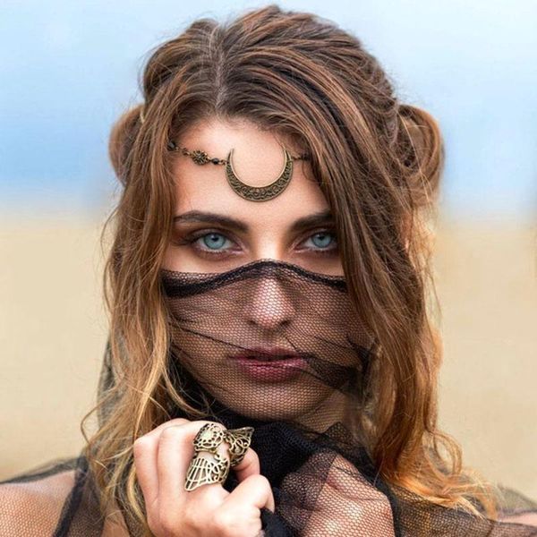 

hair clips & barrettes exotic hollow moon accessories for womem head chain vintage natural stone crystal bead bohemian bride headbands, Golden;silver