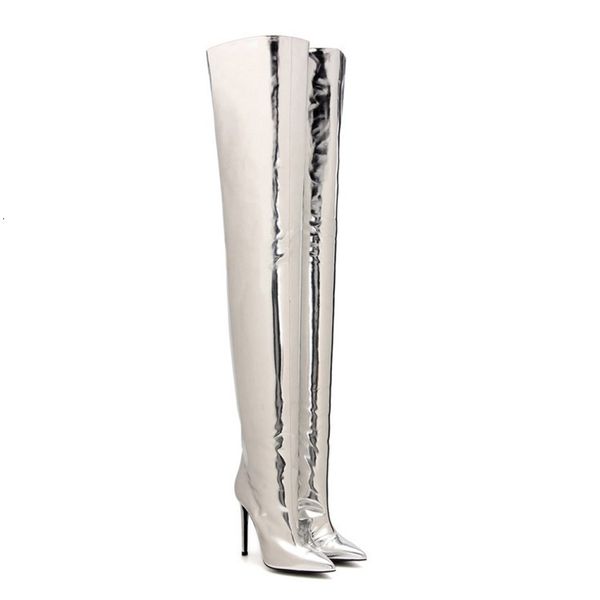 

boots ol'woman winter on her knee bright boots stiletto nice pointed to the silver night club girl shoes 7qfu, Black