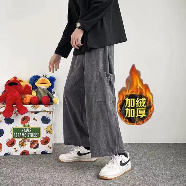 

men's jeans cargo pants men plus velvet thick wide-leg winter korean fashion personality preppy style loose sports trousers, Blue