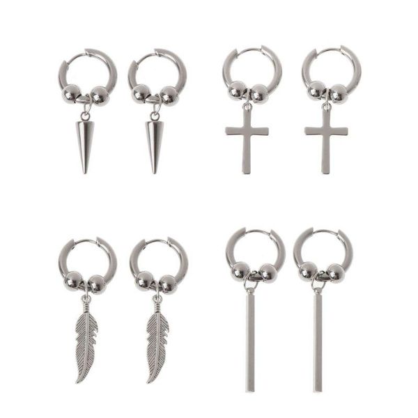 

hoop & huggie hip hop titanium steel tassel chain cross bar feather spike dangle earrings, Golden;silver