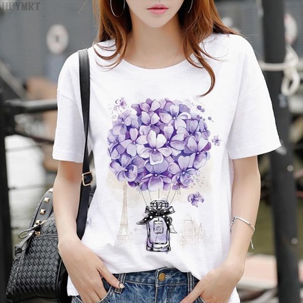 

summer short sleeve floral flower women fashion ladies womens perfume graphic tee, White
