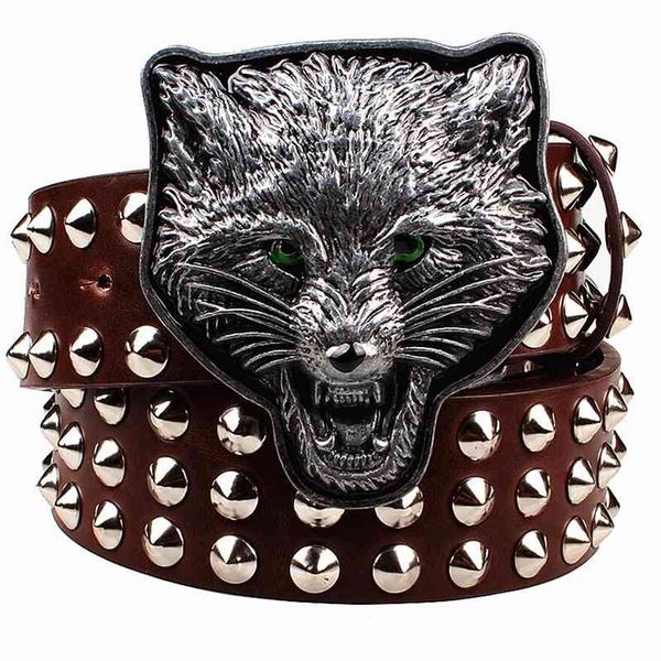 

2021 low price wholesale wild metal buckle men's s animal leopard head heavy metal style punk rock big rivet belt trend girdle, Black;brown