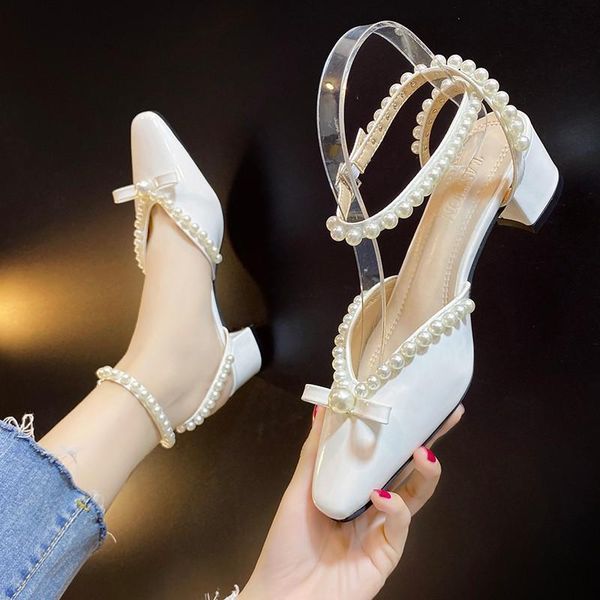 

pearl sandals female bowknot summer korean fashion pointed toe buckle high heel women's shoes, Black