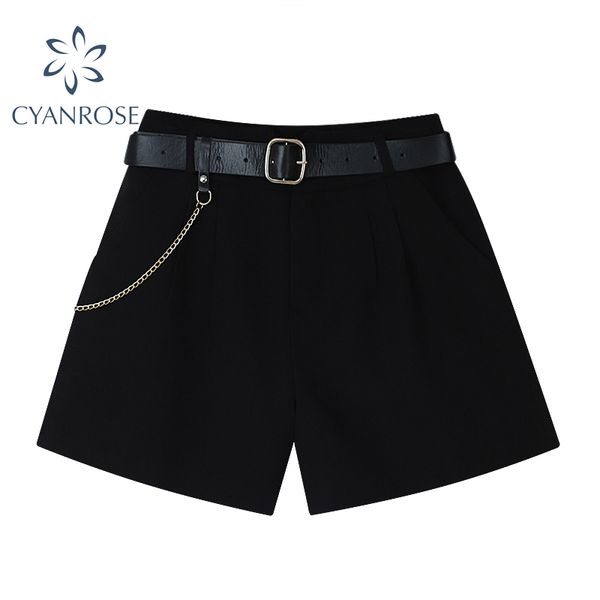 

solid retro shorts pants with belt chain women korean streetwear casual elegant sashes zipper crop trousers loose buttoms 210417, Black;white