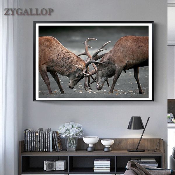 Duel Elk Deer Picture Pintura de lona Pintura e imprime Animais selvagens Arte de parede para sala de estar Quarto decoração parede pintura de parede
