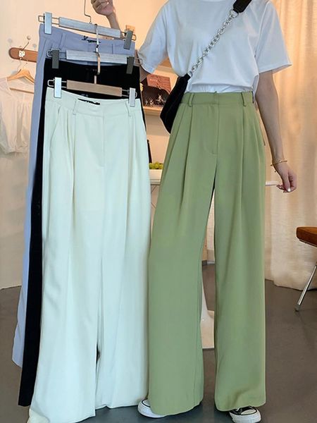 

summer loose button fly women capris casual long fashion thin high waist pants black simple wide leg trousers korean, Black;white