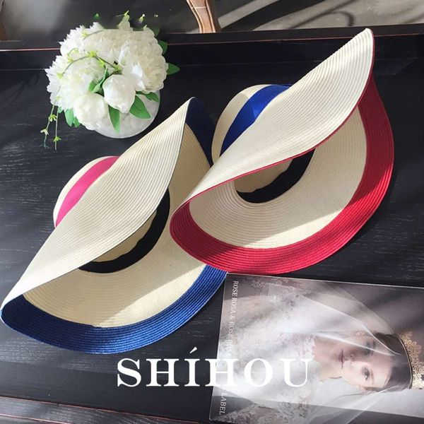 

korean straw hat with big brim and color matching, Blue;gray