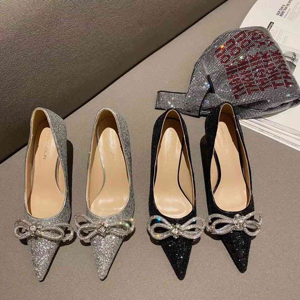

dress shoes bling women pumps pointed toe shallow slip on rhinestone bow design thin high heels party nightclub fashion office bce, Black