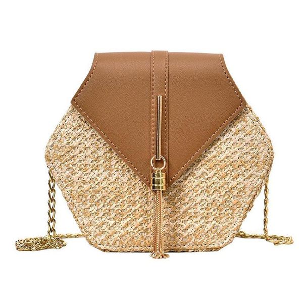 

evening bags 2021 hexagon mulit style straw+leather handbag women summer rattan bag handmade woven beach circle bohemia shoulder