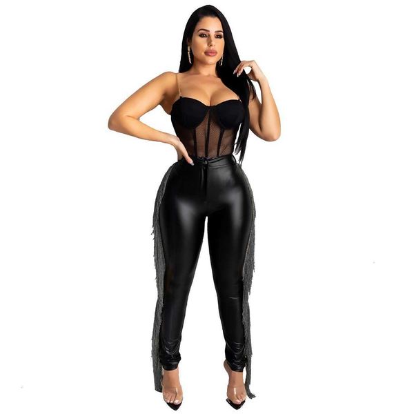 

women's pants & capris elastic tassels pu womens pencil solid color causal skinnry long trousers mid waist fashion female clo heds, Black;white