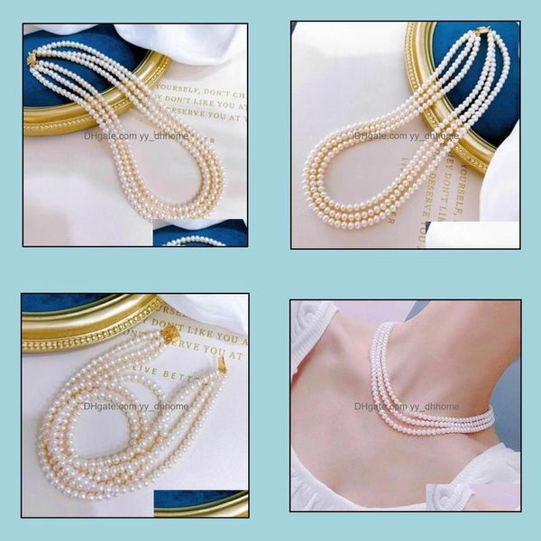 Бисера ожерелья подвески украшения 7-8 мм белые тройные нити натуральное жемчужное ожерелье 18-20-дюймовый женский подарка подарки на свадьбу 2021 6so1i