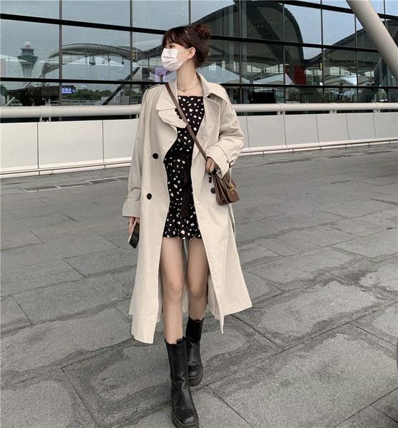 

women's trench coats mid-length coat a055, Tan;black