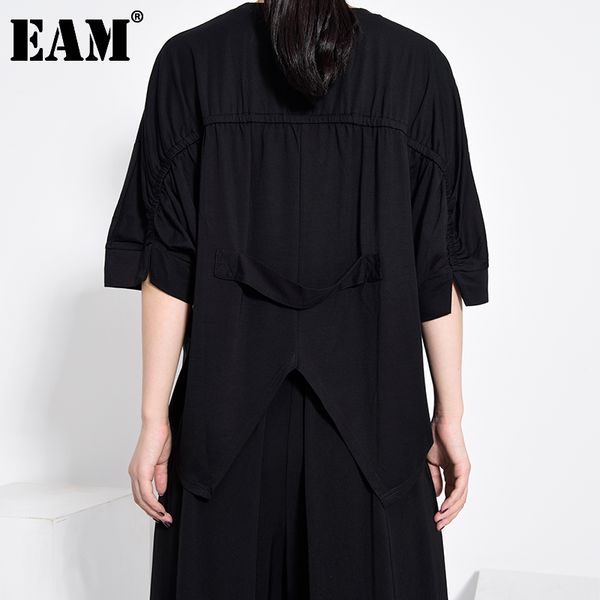 

[eam] women black back pleated irregular big size t-shirt round neck long sleeve fashion spring summer 1x45901 210512, White