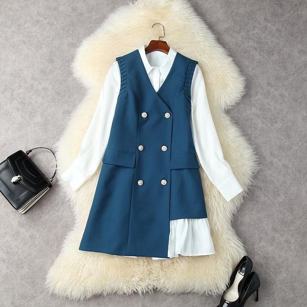 

casual dresses european and american women's wear autumn 2022 long sleeve shirt dress double-breasted sleeveless fashion two-piece, Black;gray