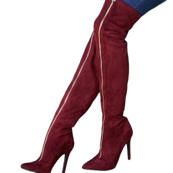 

boots elegant suede pointed toe thin high heels women zipper over the keen soild party dress autume winter shoes, Black