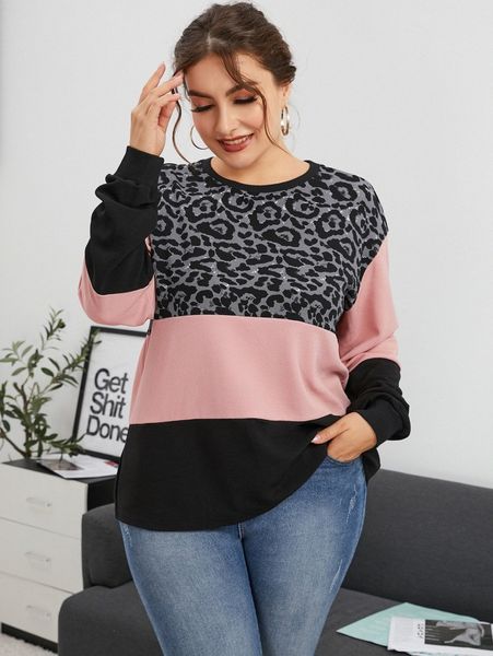

plus color block leopard drop shoulder tee a9pt#, Black