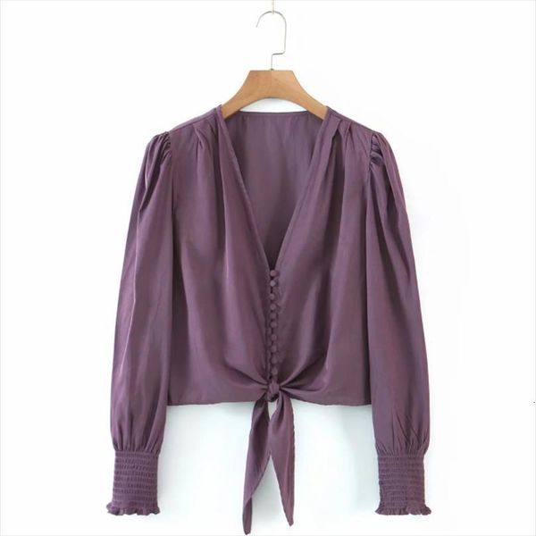 

spring v neck single womens blouses breasted hem knot short long sleeve blouse casual loose blusas s8657, White