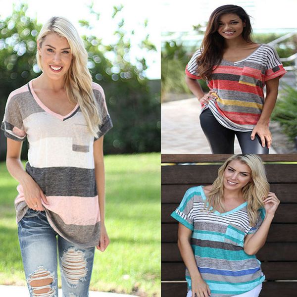 

women's t-shirt 2021 spring and summer pocket stripe bat short sleeve xeaq, White