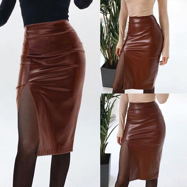 

skirts female pu leather skirt high waist split zipper ol tight pencil brown, Black