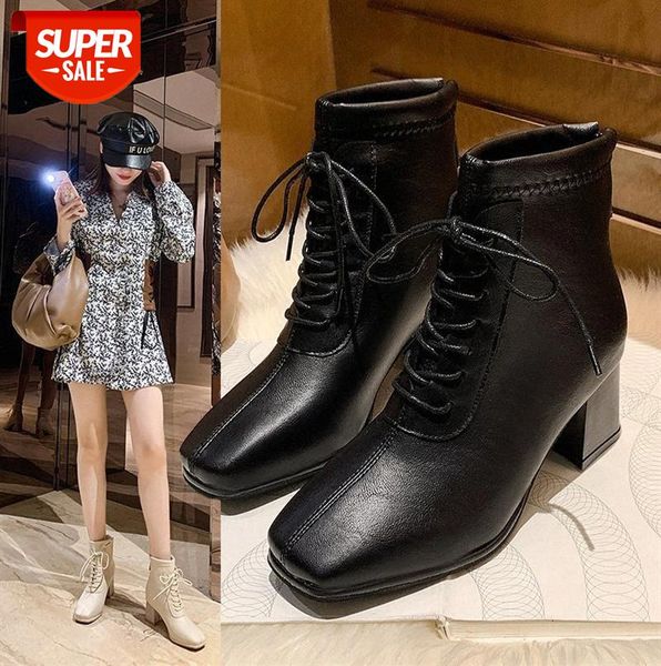 

net red martin boots female british style lace-up polished thick heel square toe short high heels #kt17