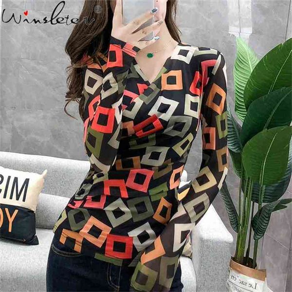 

vintage geometric graphic thin v neck t-shirt spring/autumn long sleeve wraps tshirt women t07621b 210421, White