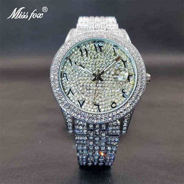 

missfox brand watch men iced diamond luxury bezel hip hop quartz watches dropshippong fashion gift for man horloge hsomme, Slivery;brown