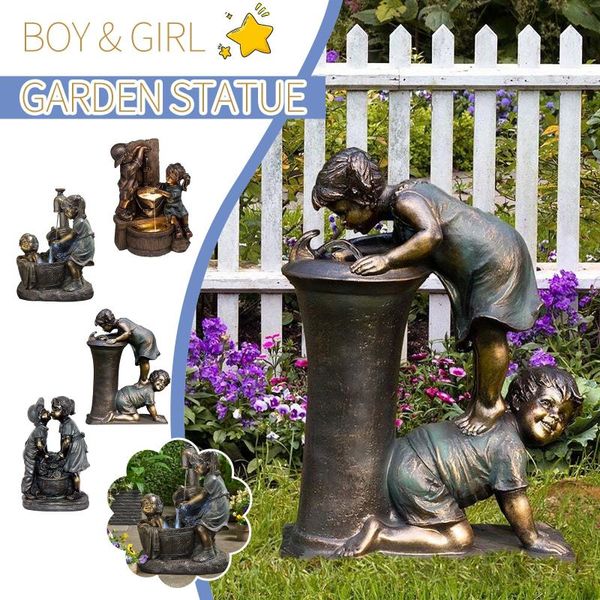 

garden decorations pumping water little boy & girl statue resin decoration statues for lawn yard figurine decors sculpture