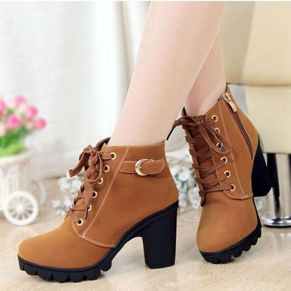 

boots high heeled korean autumn and winter thick heel women's lace up short spring single, Black