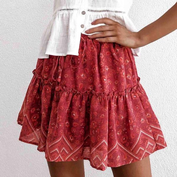 

skirts red ladies sweet fashion women summer casual pfloral rint ruffled hem skirt 2021 a-line pleated short #4, Black