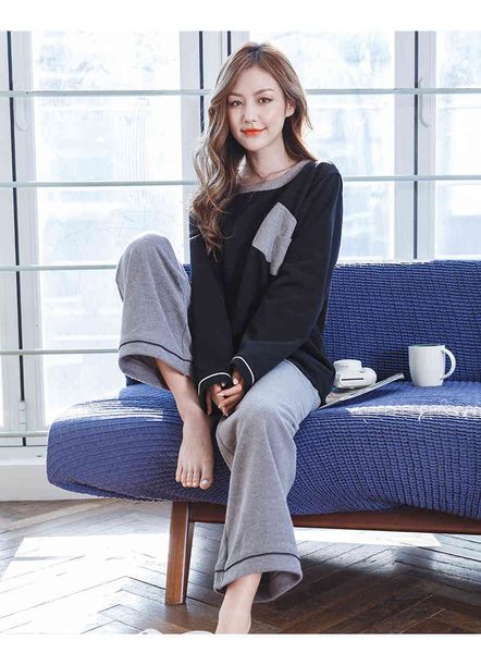 

women's sleepwear 100% cotton pajamas women korean loose sleepwear set long sleeve autumn winter pyjamas female outside wear home cloth, Black;red