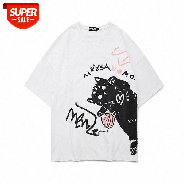 

american high street simple print t-shirt loose hit color cat hand-painted illustration printing short-sleeved tee men and women #uc7y, White;black