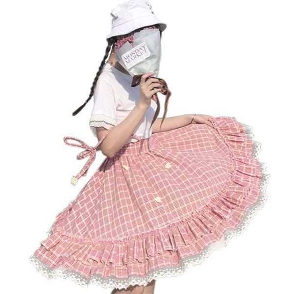 

skirts japanese soft sister kawaii women summer lolita high waist suspender skirt cute plaid ruffle lace a line tutu, Black