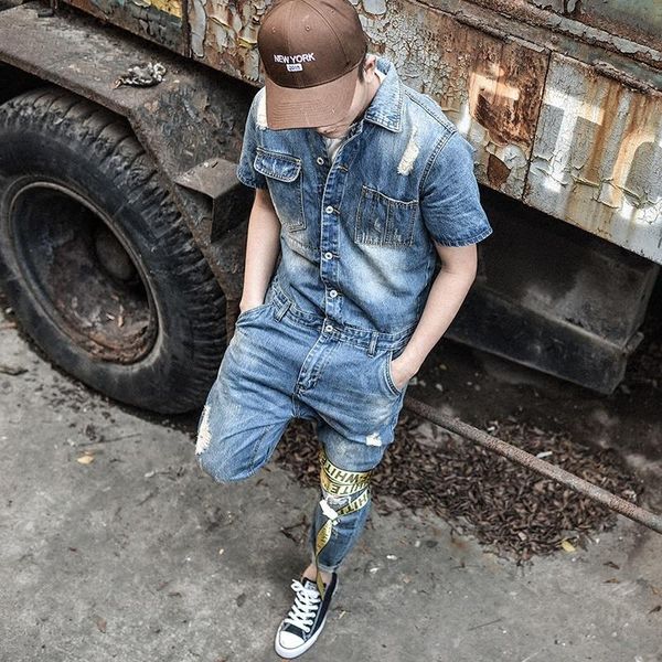

men's tracksuits japan style vintage rompers mens jumpsuit fashion frayed skinny jeans ankle length pants teenager denim overalls for c, Gray