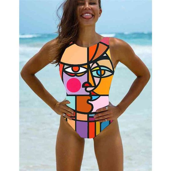 

high neck women swimsuit swimwear female push up print backless brazilian monokini bodysuit bathing suit 210728, White;black