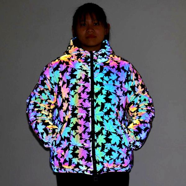 

colorful reflective cotton puffer down parkas jacket bubble coat special women drawstring maple leaf pattern fall zipper jackets plus sizes, Black