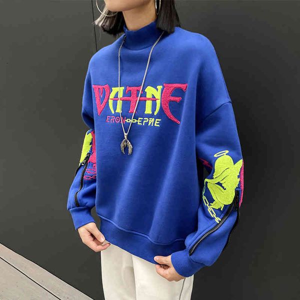 

women's hoodies & sweatshirts tuogu chao brand women's clothing autumn winter european design sense embroidered little devil half, Black