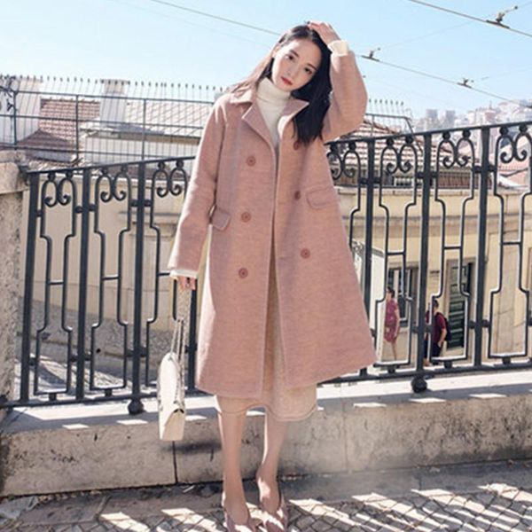 

women's wool & blends 2021 autumn winter korean fashion womens coat mid-length loose double breasted pink elegant woman woolens jacket, Black
