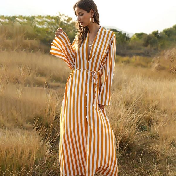 

casual dresses 2021 long sleeve shirt dress boho summer women striped print loose a-line maxi beach sundress vestidos, Black;gray
