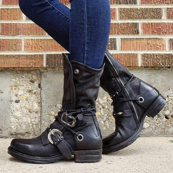 

boots women individuality lace up rivet strap buckle zipper, Black