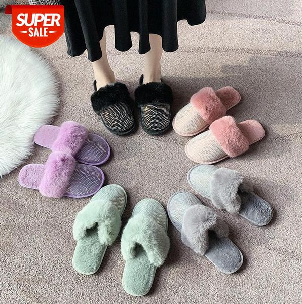 

large size stand-alone rhinestone flat slippers european and american home warm plush #cm6s