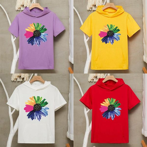 

women's summer loose and versatile thin printed short-sleeved hooded casual fashion embroidered hoodies & sweatshirts, Black