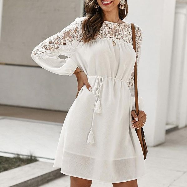 

casual dresses hollow out lace up women's patchwork tassel belt female dress 2021 spring summer solid office ladies, Black;gray