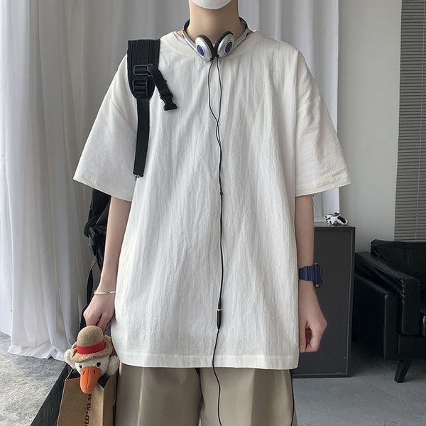 

men's t-shirts summer cotton linen t-shirt fashion casual o-neck t shirt men streetwear korean loose short-sleeved tshirt mens top, White;black
