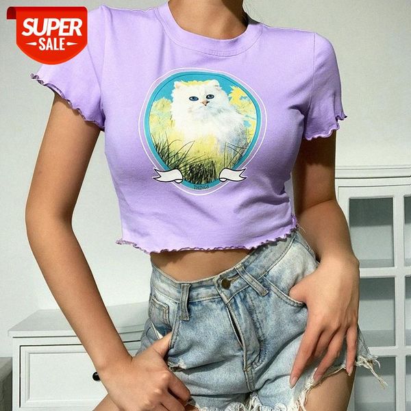 

[in stock]europe and the united states summer short-sleeved women 26110p slim cat pattern printed round neck t-shirt #z435, White