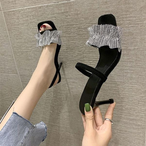 

sandals shoes women slippers high leather heel sandales femmes, Black