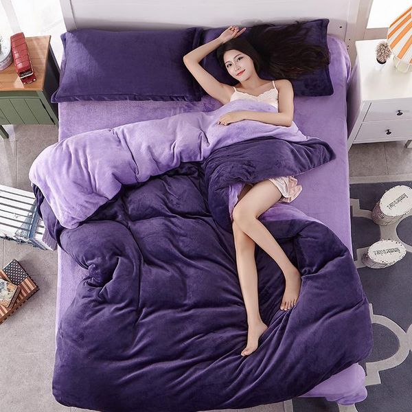 

bedding sets 2021 winter fleece set reversible duvet cover double side flannel flat sheet 3/ 4pcs bed linen home bedclothes caroset