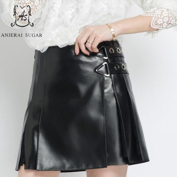 

skirts autumn winter women genuine sheepskin leather skirt short slim black high waist splice fold package hip a line mini
